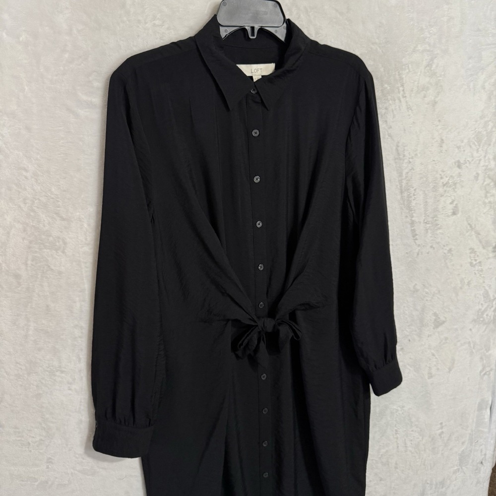 NEW Loft Dahlia Tie Front Mini‎ Shirt Dress Size 14 Black Collared Minimalist - Picture 10 of 12